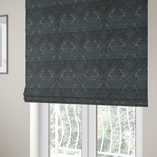 Alvaro Velveteen Embossed Damask Pattern Upholstery Curtains Fabric In Grey Velvet Colour - Roman Blinds