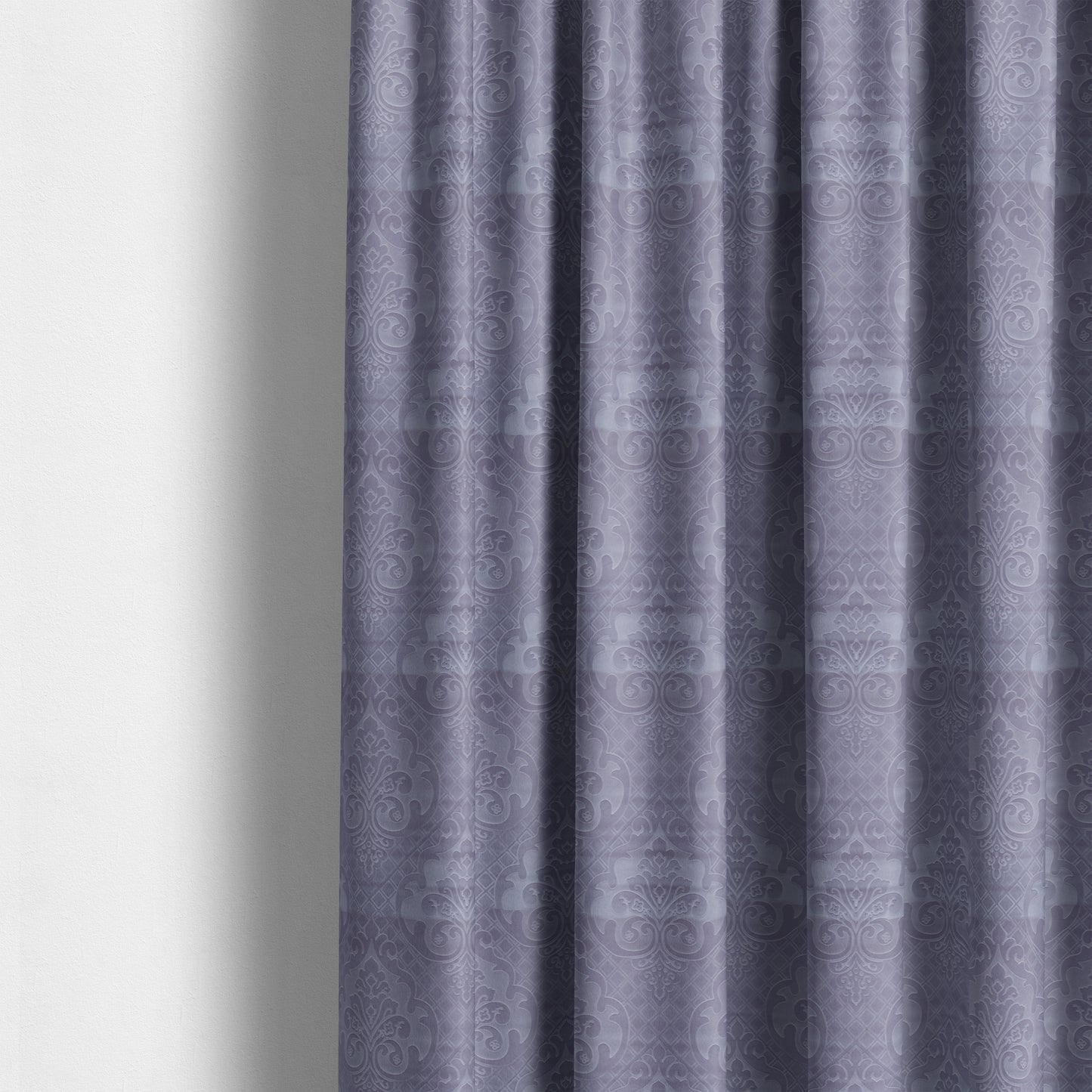 Alvaro Velveteen Embossed Damask Pattern Upholstery Curtains Fabric In Lilac Purple Velvet Colour - Made To Measure Curtains