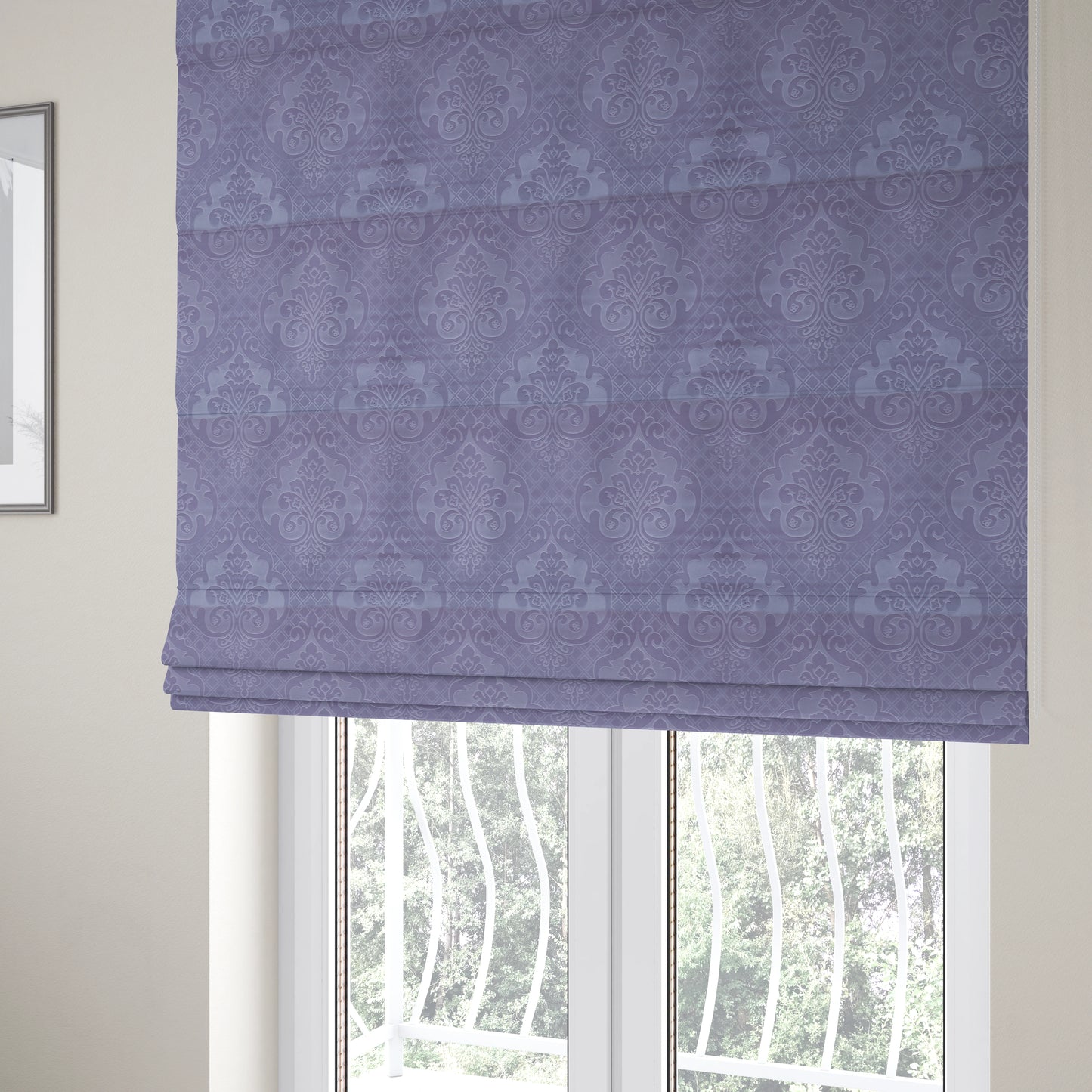 Alvaro Velveteen Embossed Damask Pattern Upholstery Curtains Fabric In Lilac Purple Velvet Colour - Roman Blinds