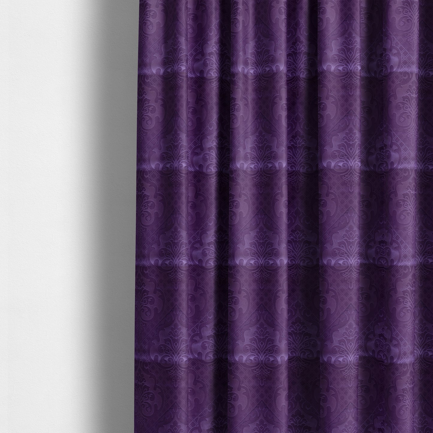 Alvaro Velveteen Embossed Damask Pattern Upholstery Curtains Fabric In Purple Velvet Colour - Made To Measure Curtains