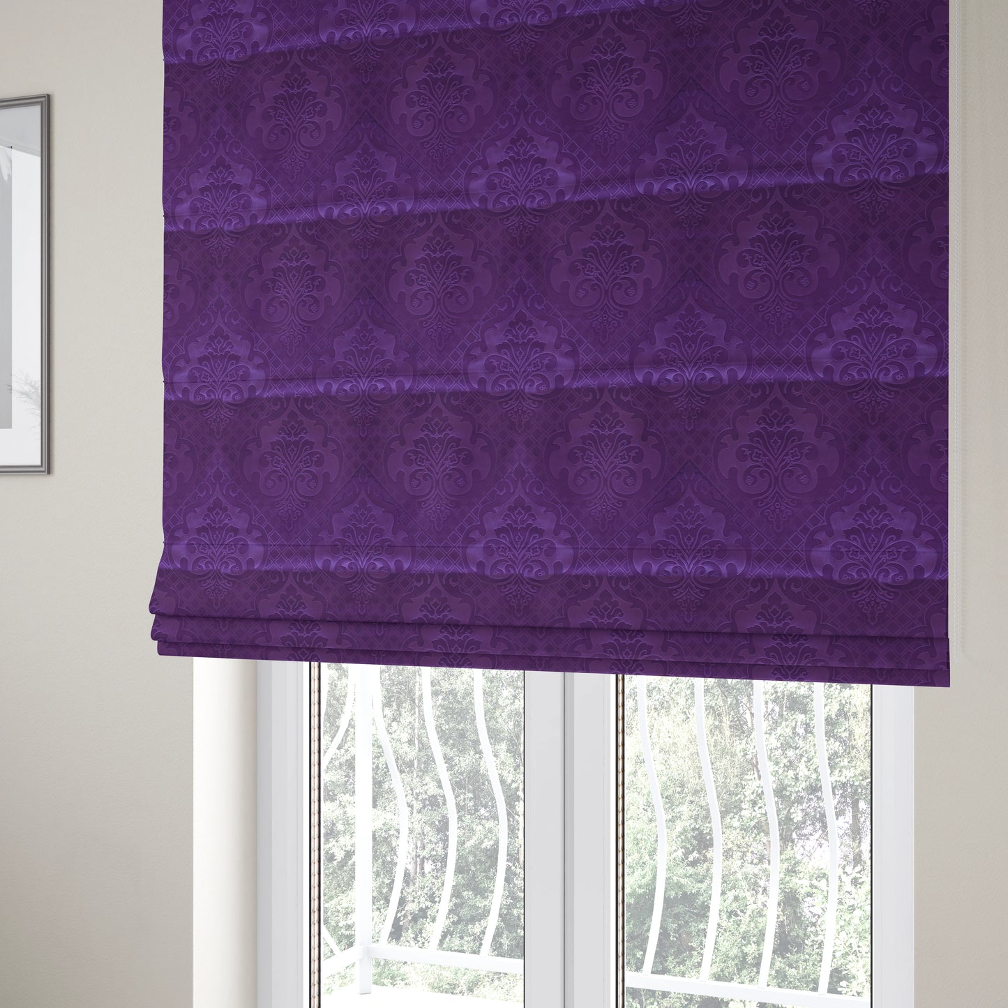 Alvaro Velveteen Embossed Damask Pattern Upholstery Curtains Fabric In Purple Velvet Colour - Roman Blinds