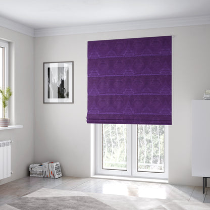 Alvaro Velveteen Embossed Damask Pattern Upholstery Curtains Fabric In Purple Velvet Colour - Roman Blinds