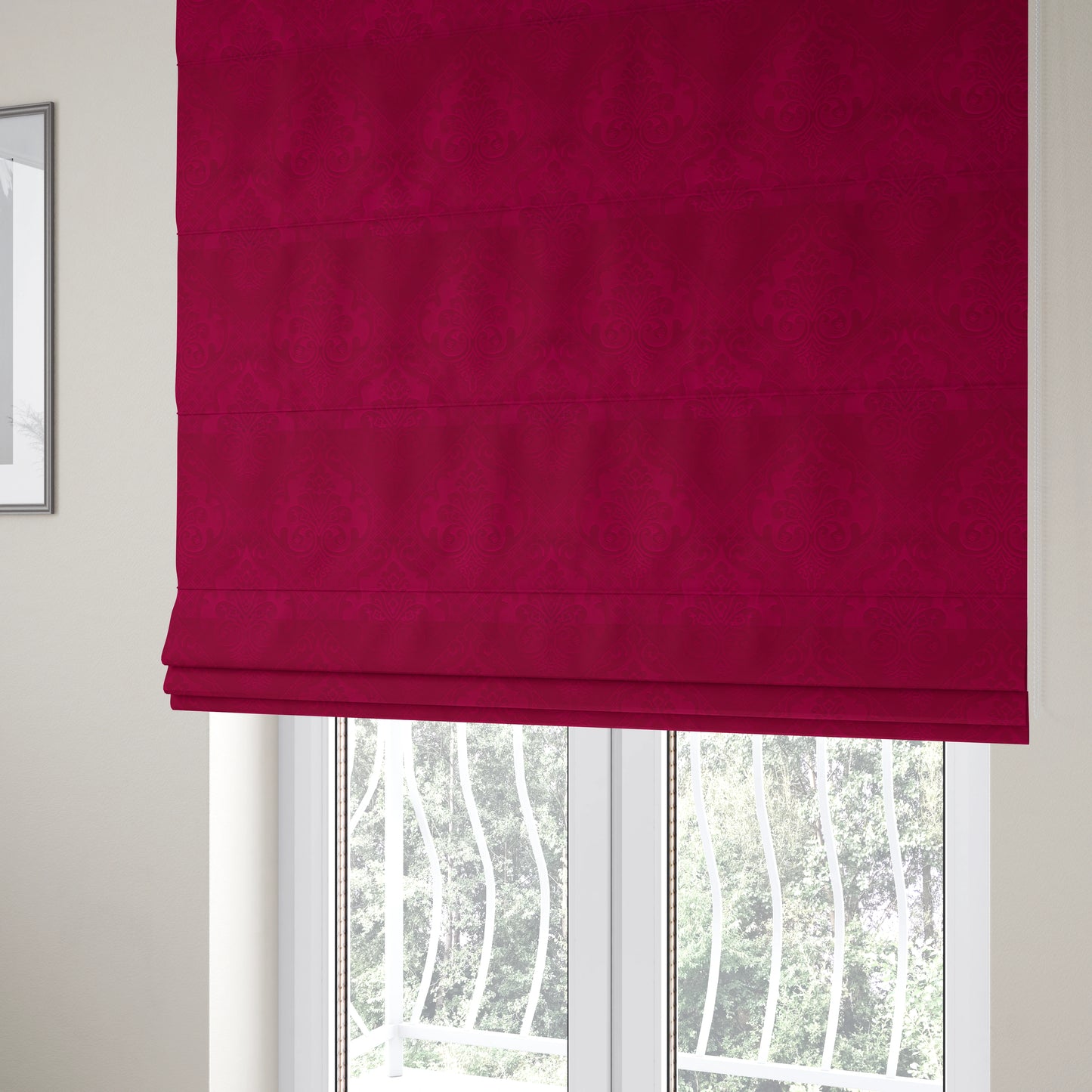 Alvaro Velveteen Embossed Damask Pattern Upholstery Curtains Fabric In Red Velvet Colour - Roman Blinds