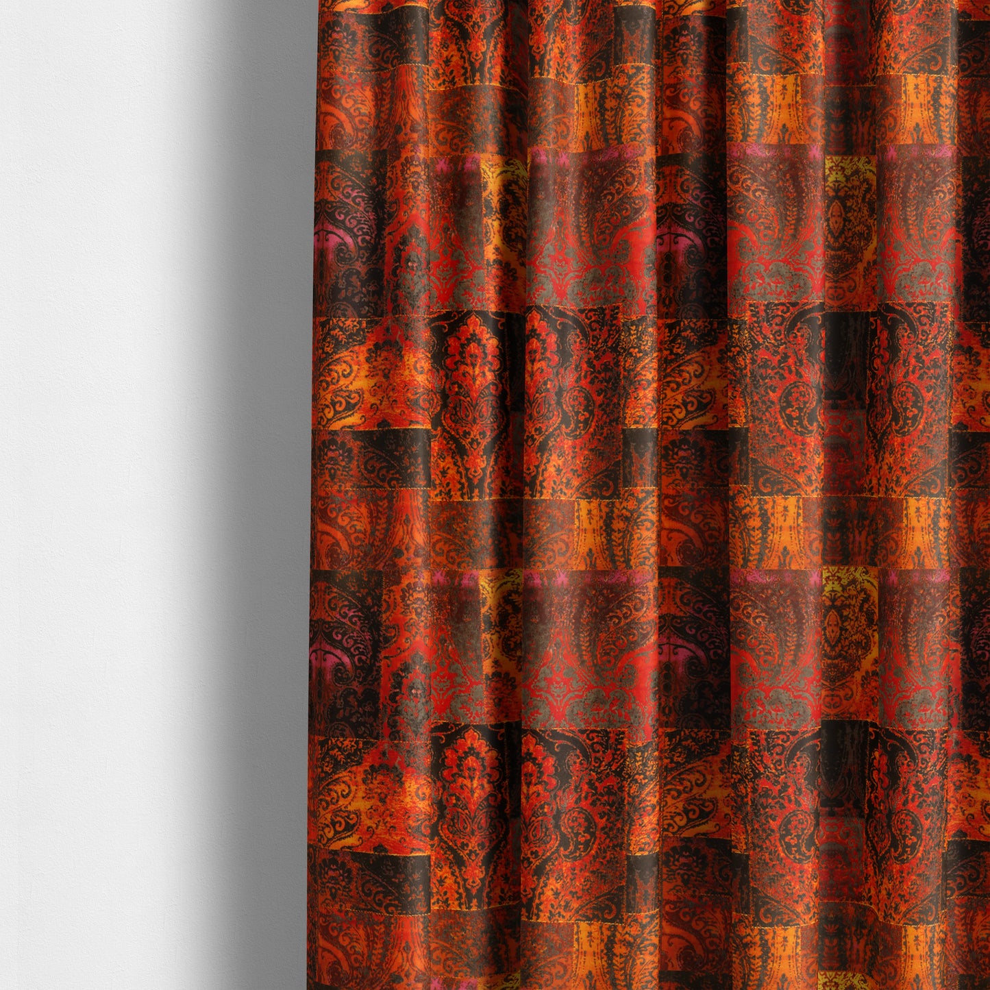 Amalfi Patchwork Pattern Printed Velvet Red Orange Colour Upholstery Fabric - Made To Measure Curtains