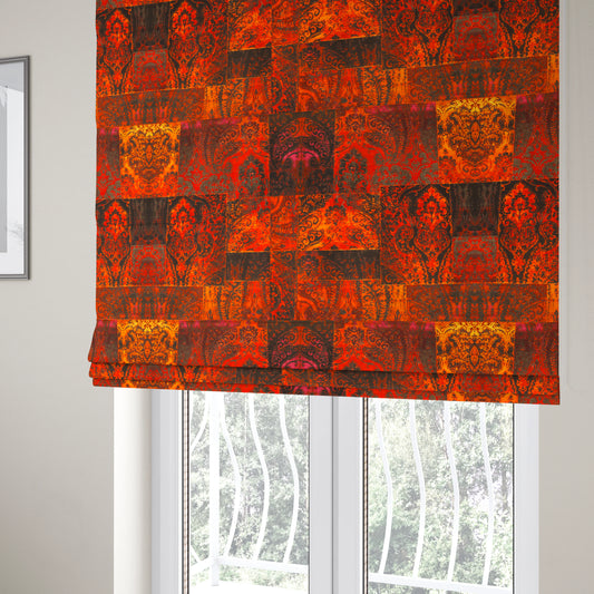 Amalfi Patchwork Pattern Printed Velvet Red Orange Colour Upholstery Fabric - Roman Blinds