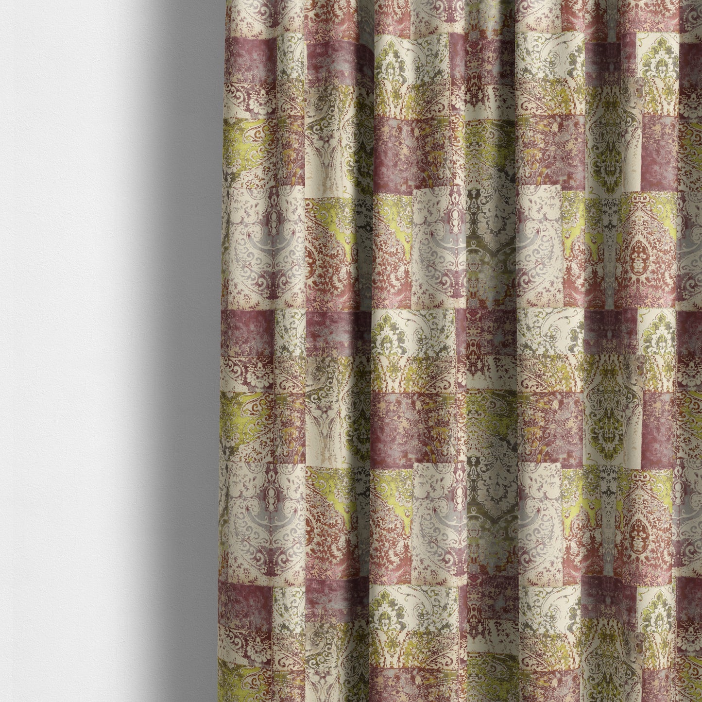 Amalfi Patchwork Pattern Printed Velvet Purple Green Colour Upholstery Fabric - Made To Measure Curtains