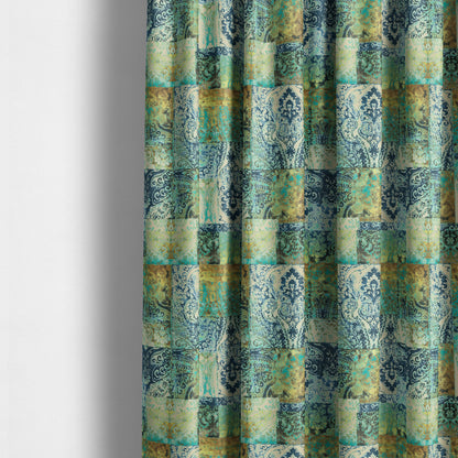 Amalfi Patchwork Pattern Printed Velvet Green Blue Colour Upholstery Fabric - Made To Measure Curtains