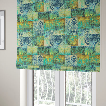 Amalfi Patchwork Pattern Printed Velvet Green Blue Colour Upholstery Fabric - Roman Blinds