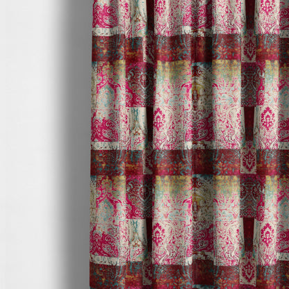 Amalfi Patchwork Pattern Printed Velvet Pink Burgundy Red Colour Upholstery Fabric - Made To Measure Curtains