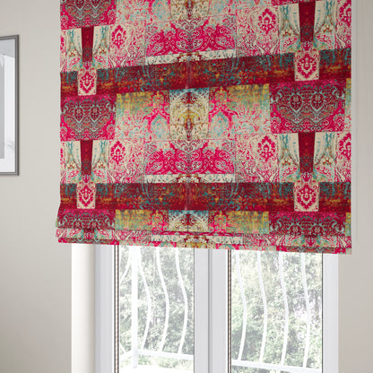 Amalfi Patchwork Pattern Printed Velvet Pink Burgundy Red Colour Upholstery Fabric - Roman Blinds