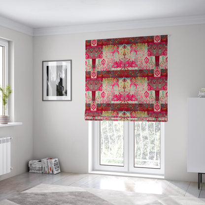 Amalfi Patchwork Pattern Printed Velvet Pink Burgundy Red Colour Upholstery Fabric - Roman Blinds