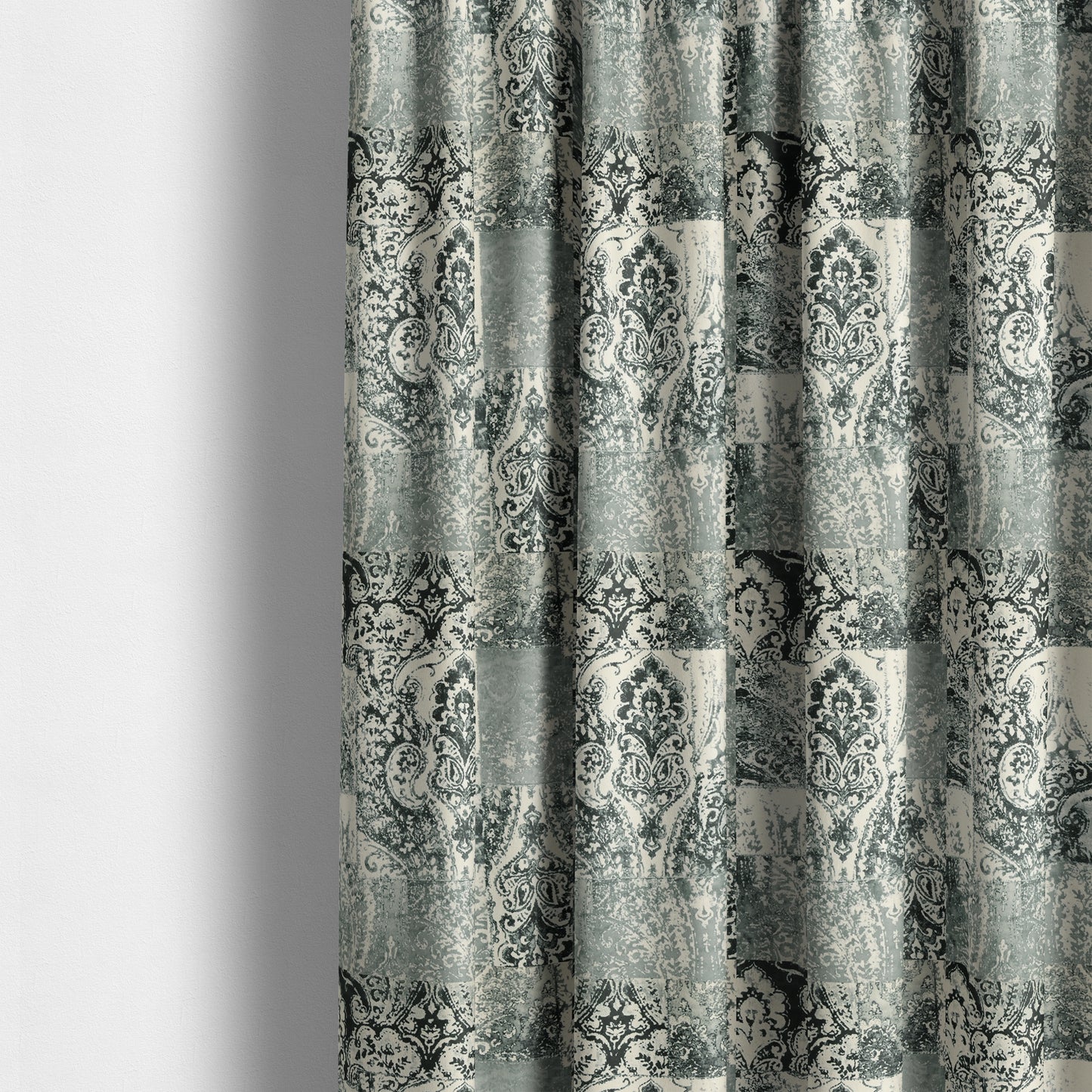 Amalfi Patchwork Pattern Printed Velvet Grey Black White Colour Upholstery Fabric - Made To Measure Curtains