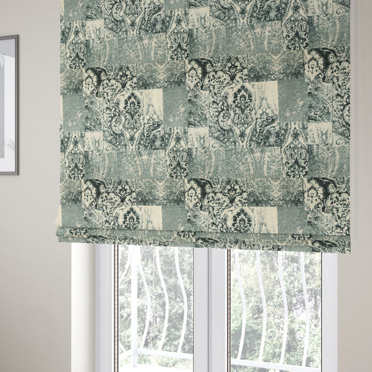 Amalfi Patchwork Pattern Printed Velvet Grey Black White Colour Upholstery Fabric - Roman Blinds