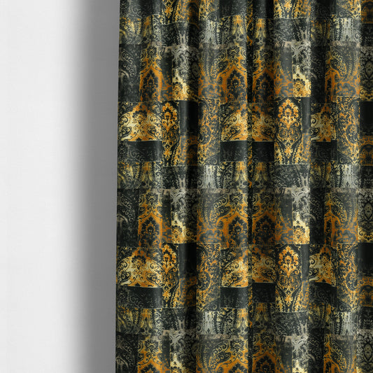 Amalfi Patchwork Pattern Printed Velvet Black Golden Yellow Colours Upholstery Fabric - Made To Measure Curtains