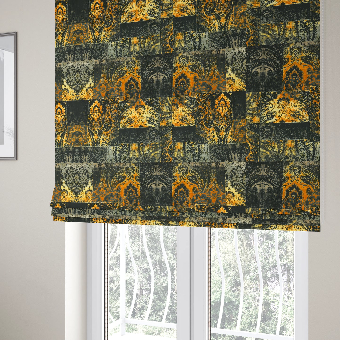 Amalfi Patchwork Pattern Printed Velvet Black Golden Yellow Colours Upholstery Fabric - Roman Blinds