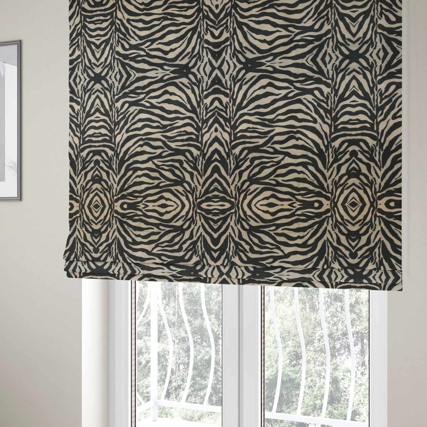 Animal Print Zebra Theme Pattern Black White Colour Printed Velvet Velour Upholstery Curtain Fabrics - Roman Blinds