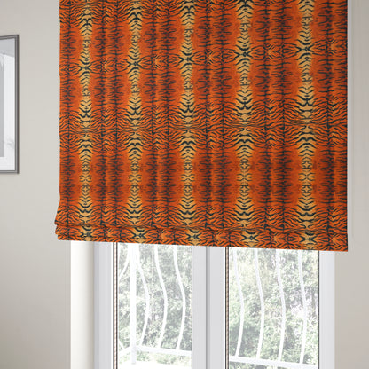 Animal Print Tiger Theme Pattern Orange Black Colour Printed Velvet Velour Upholstery Curtain Fabrics - Roman Blinds