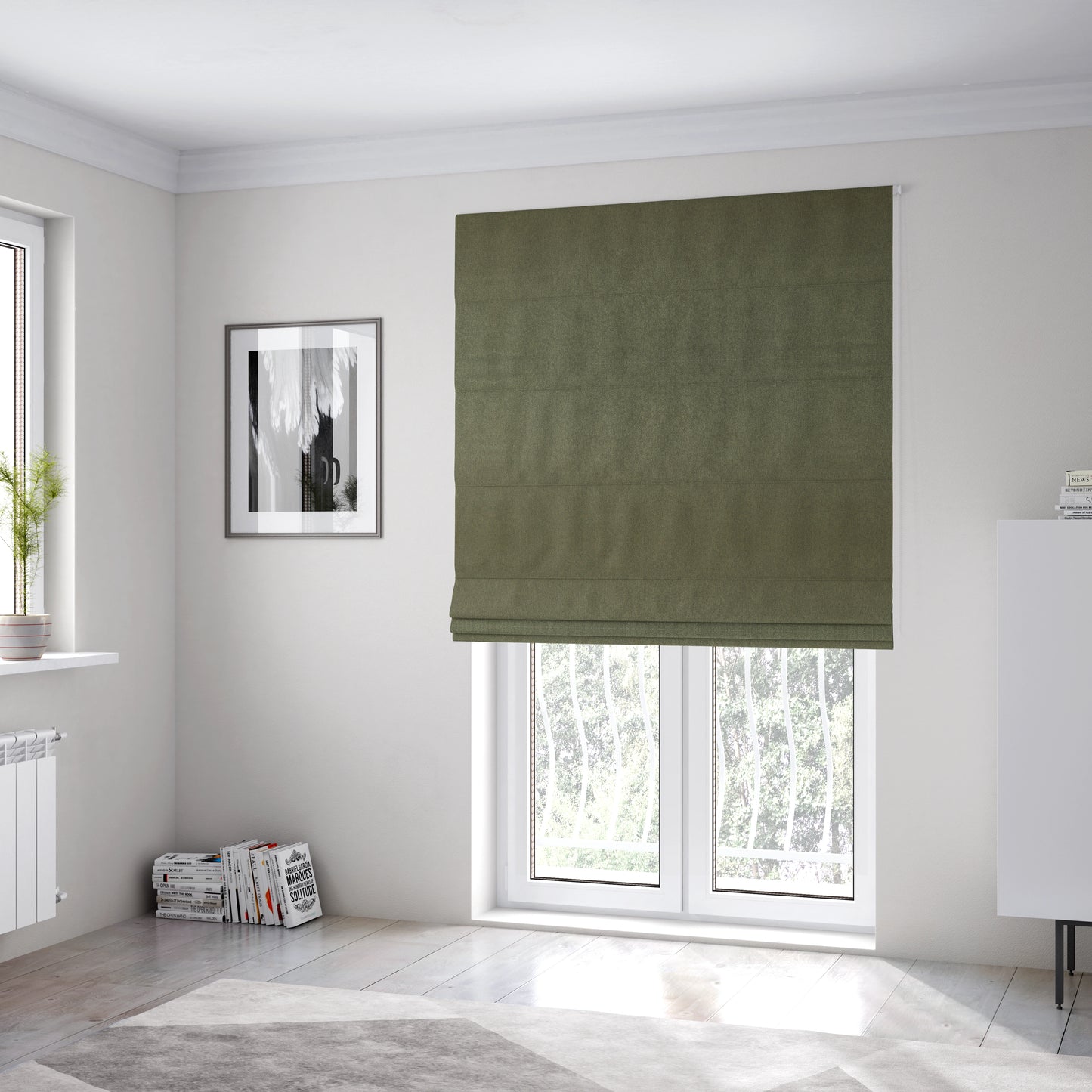 Baffin Plain Durable Soft Tweedy Effect Chenille Upholstery Fabric Army Green Colour - Roman Blinds