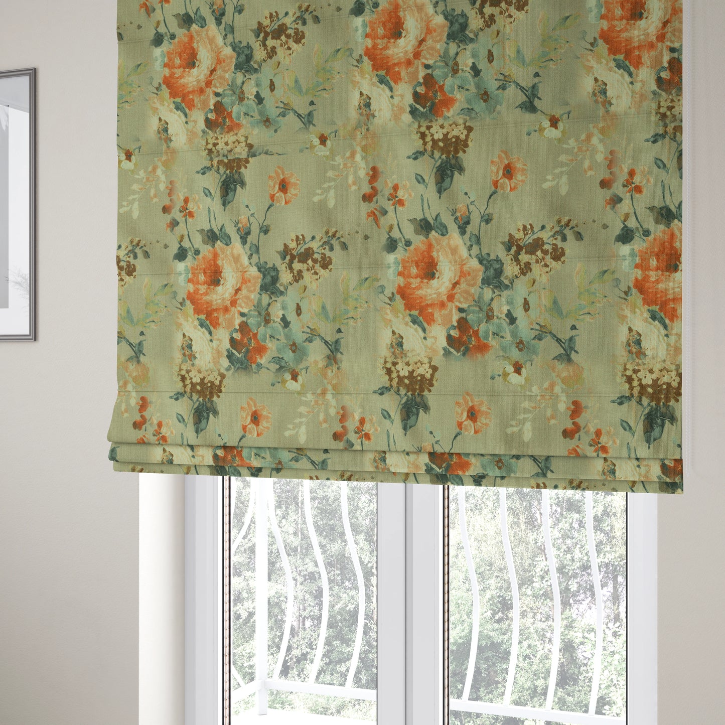 Bukoba Floral Printed Pattern On Linen Effect Material Orange Colour Furnishing Interior Upholstery Fabric - Roman Blinds