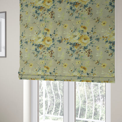 Bukoba Floral Printed Pattern On Linen Effect Material Yellow Colour Furnishing Interior Upholstery Fabric - Roman Blinds