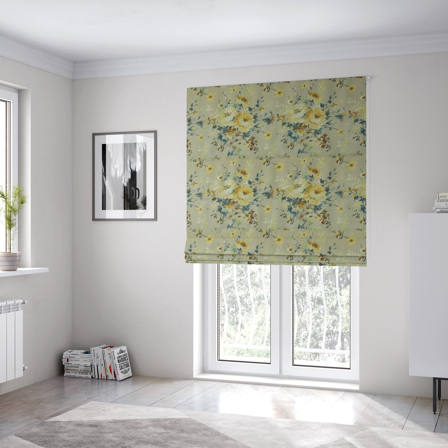 Bukoba Floral Printed Pattern On Linen Effect Material Yellow Colour Furnishing Interior Upholstery Fabric - Roman Blinds