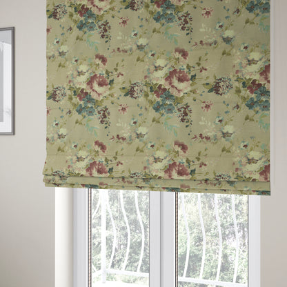 Bukoba Floral Printed Pattern On Linen Effect Material Purple Colour Furnishing Interior Upholstery Fabric - Roman Blinds