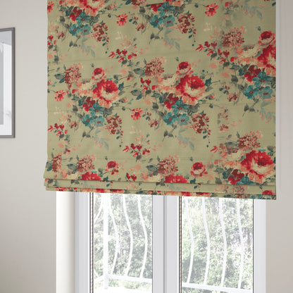 Bukoba Floral Printed Pattern On Linen Effect Material Red Colour Furnishing Interior Upholstery Fabric - Roman Blinds