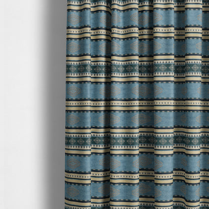 Jaipur Designer Kilim Aztec Pattern With Stripes In Blue Teal Silver Colour Furnishing Fabric CTR-01 - Made To Measure Curtains