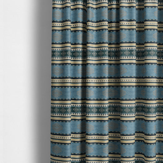 Jaipur Designer Kilim Aztec Pattern With Stripes In Blue Teal Silver Colour Furnishing Fabric CTR-01 - Made To Measure Curtains