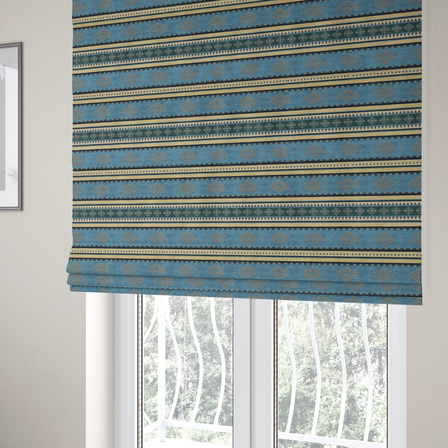 Jaipur Designer Kilim Aztec Pattern With Stripes In Blue Teal Silver Colour Furnishing Fabric CTR-01 - Roman Blinds