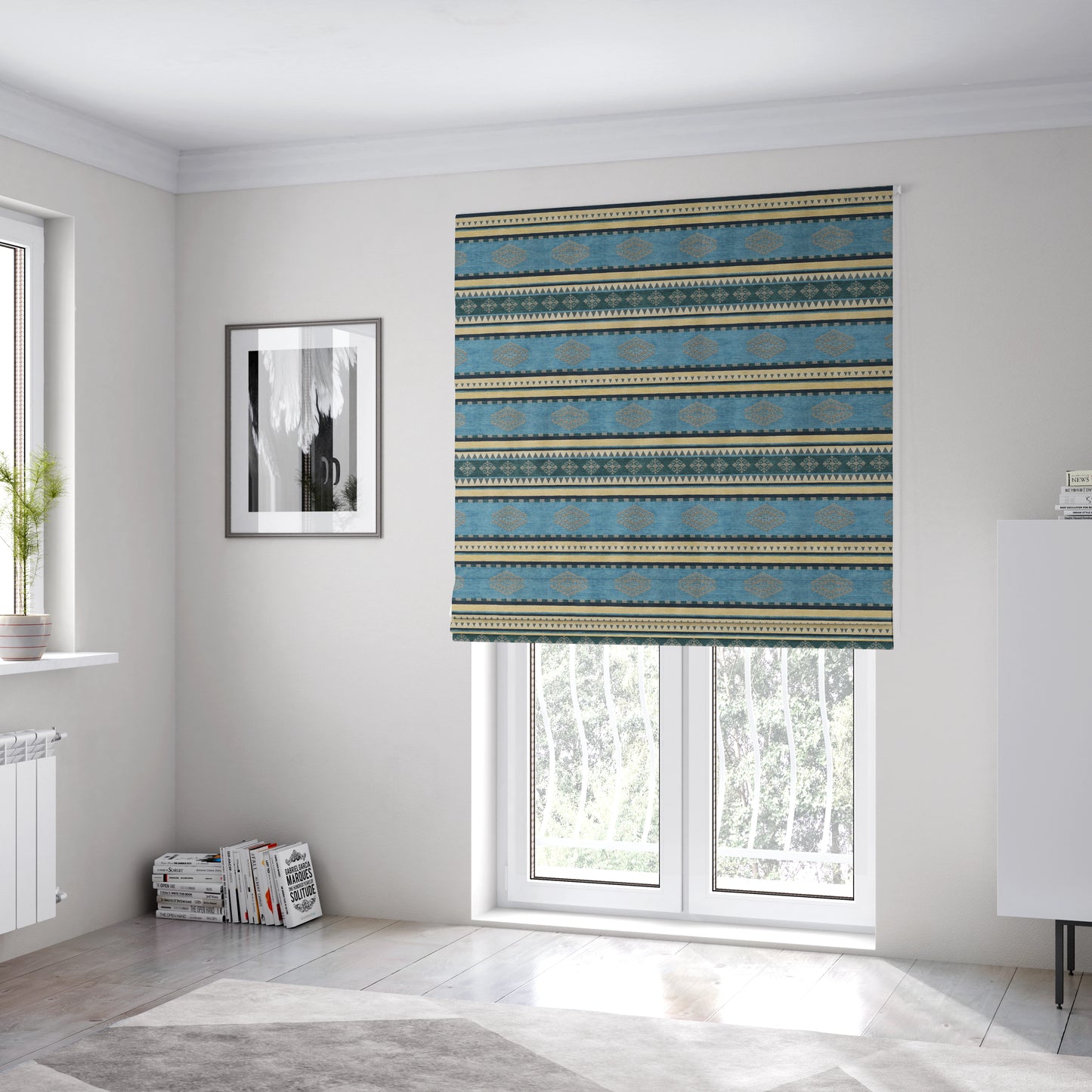 Jaipur Designer Kilim Aztec Pattern With Stripes In Blue Teal Silver Colour Furnishing Fabric CTR-01 - Roman Blinds