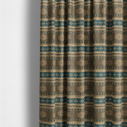 Jaipur Designer Kilim Aztec Pattern With Stripes In Brown Teal Gold Colour Furnishing Fabric CTR-03 - Made To Measure Curtains