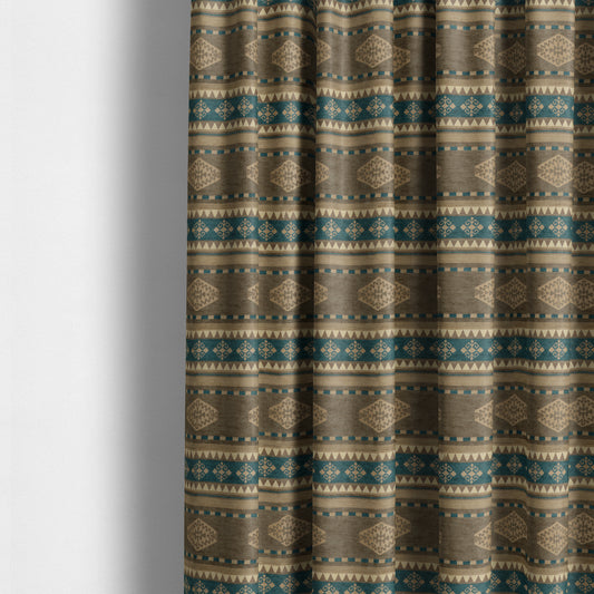 Jaipur Designer Kilim Aztec Pattern With Stripes In Brown Teal Gold Colour Furnishing Fabric CTR-03 - Made To Measure Curtains