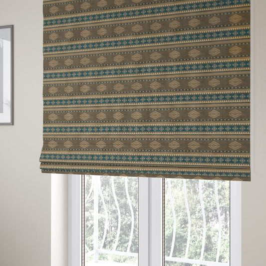 Jaipur Designer Kilim Aztec Pattern With Stripes In Brown Teal Gold Colour Furnishing Fabric CTR-03 - Roman Blinds