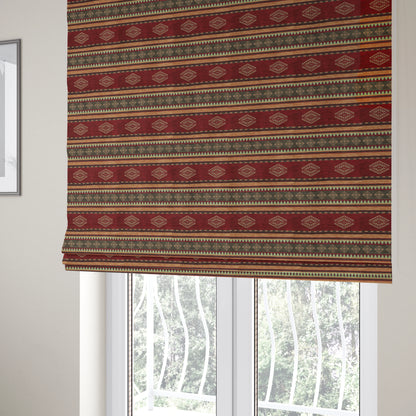 Jaipur Designer Kilim Aztec Pattern With Stripes In Red Gold Green Colour Furnishing Fabric CTR-05 - Roman Blinds