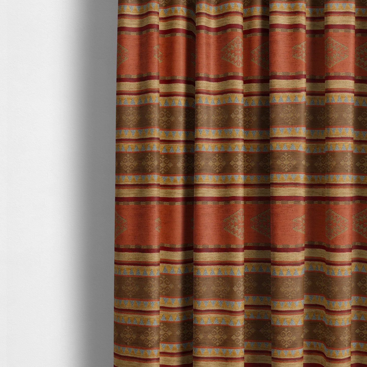 Jaipur Designer Kilim Aztec Pattern With Stripes In Orange Red Gold Colour Furnishing Fabric CTR-07 - Made To Measure Curtains