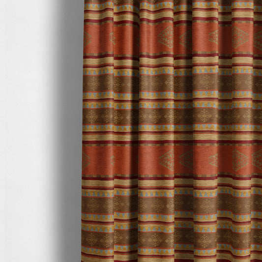 Jaipur Designer Kilim Aztec Pattern With Stripes In Orange Red Gold Colour Furnishing Fabric CTR-07 - Made To Measure Curtains