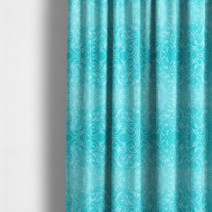 Delight Shiny Floral Embossed Pattern Velvet Fabric In Teal Blue Colour Upholstery Fabric CTR-100 - Made To Measure Curtains