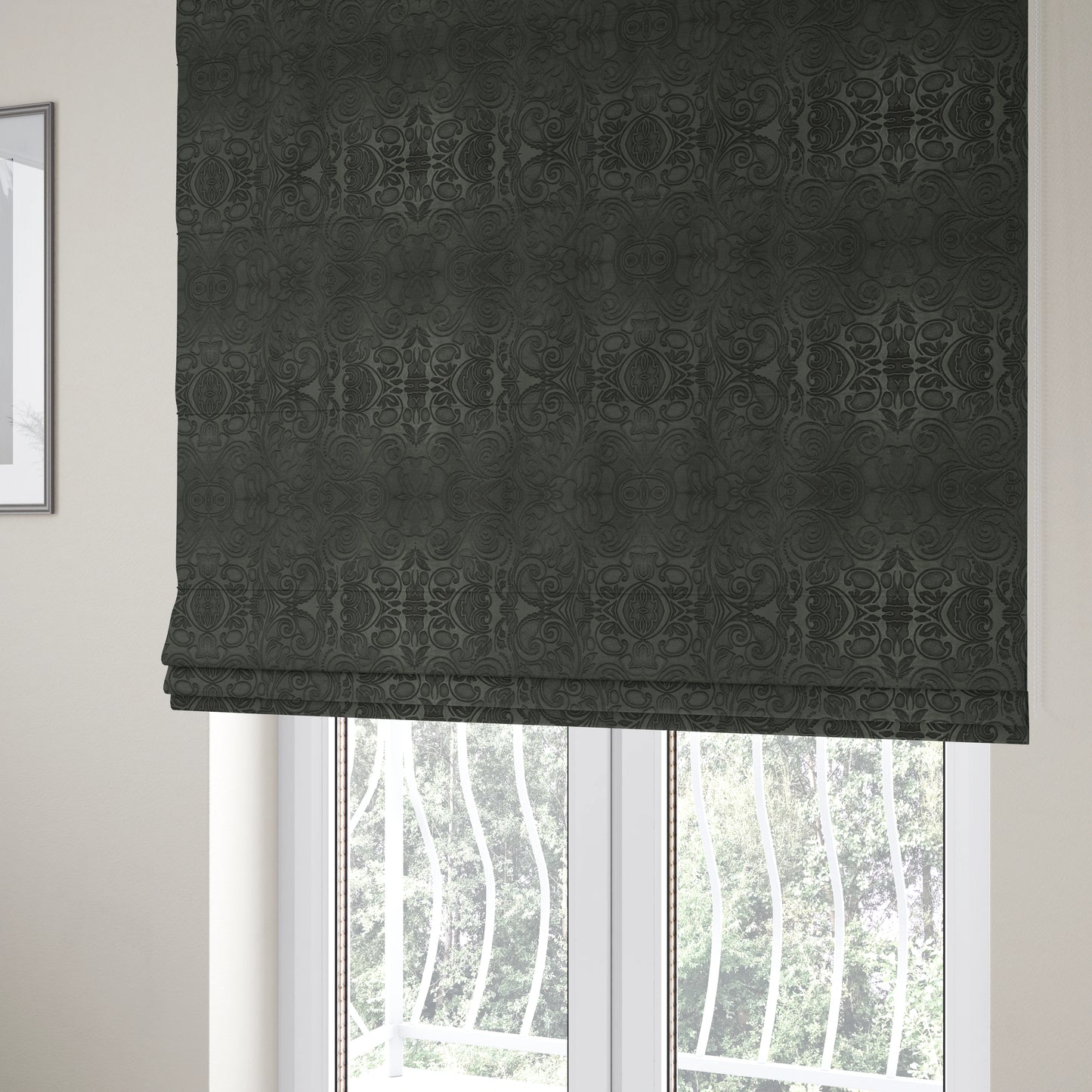 Delight Shiny Floral Embossed Pattern Velvet Fabric In Black Colour Upholstery Fabric CTR-101 - Roman Blinds