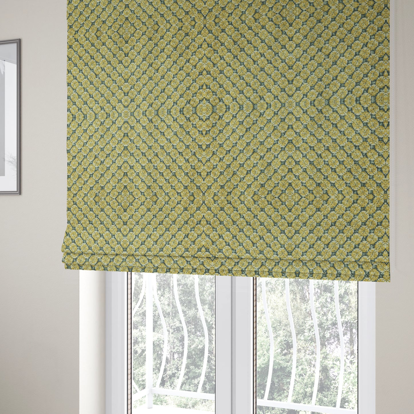 Glamour Geometric Collection Print Velvet Upholstery Fabric Yellow Grey Circular Modern Pattern CTR-1011 - Roman Blinds