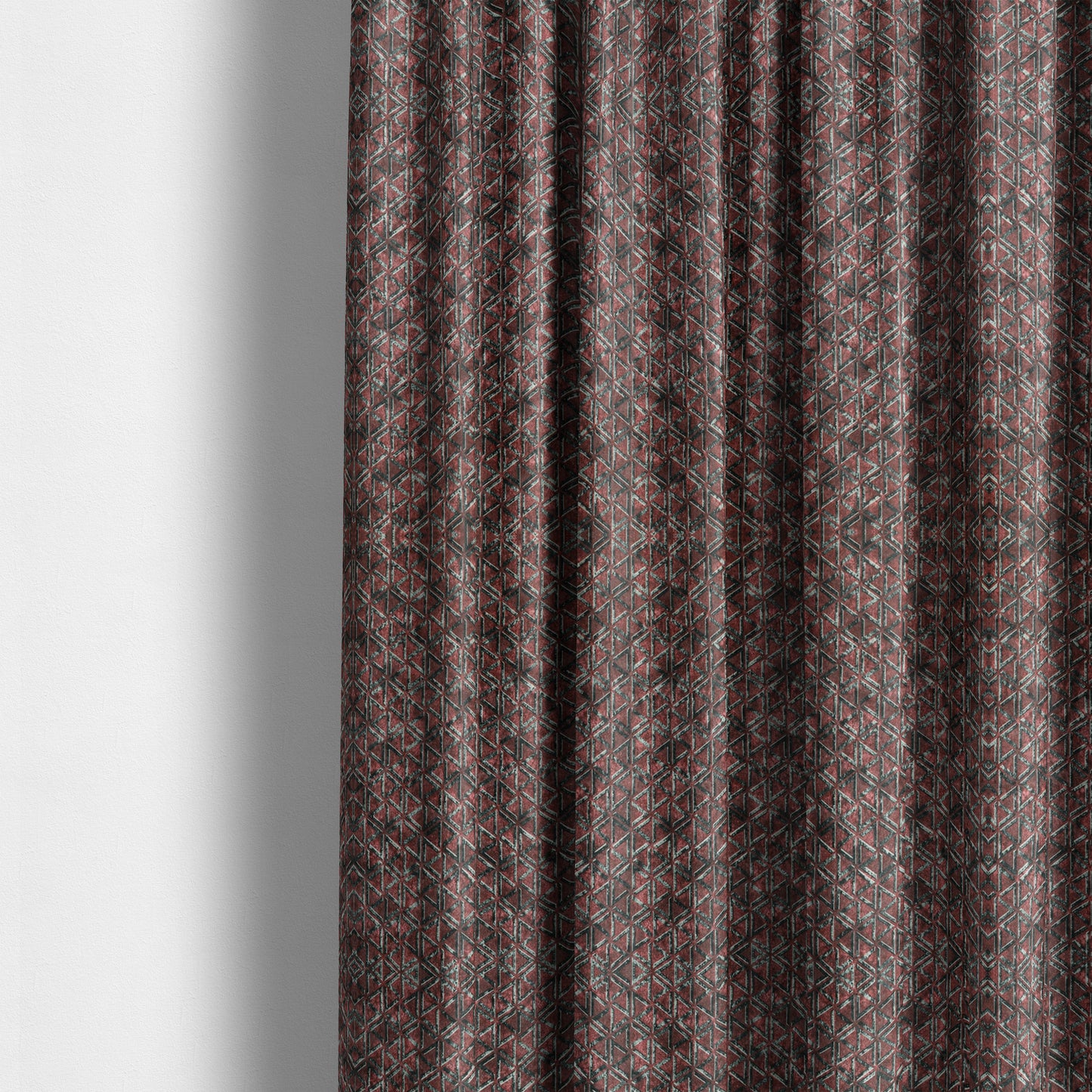 Glamour Geometric Collection Print Velvet Upholstery Fabric Burgundy Red Grey Small Modern Pattern CTR-1015 - Made To Measure Curtains