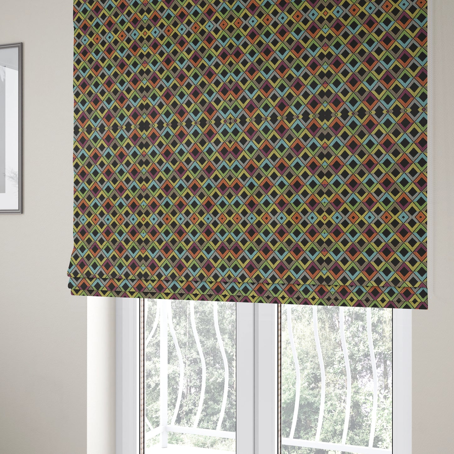 Sokoto Colourful Geometric Modern Furnishing Upholstery Fabric In Black CTR-1055 - Roman Blinds