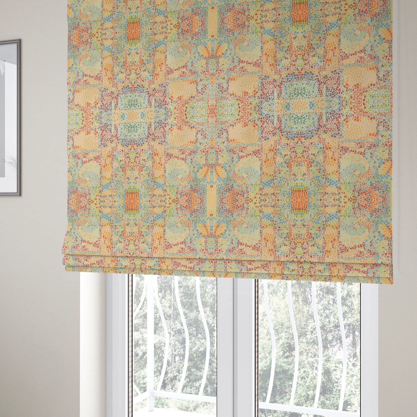 Pasha Stained Mosaic Pattern Multicolour Orange Yellow Chenille Upholstery Furnishing Fabric CTR-1061 - Roman Blinds