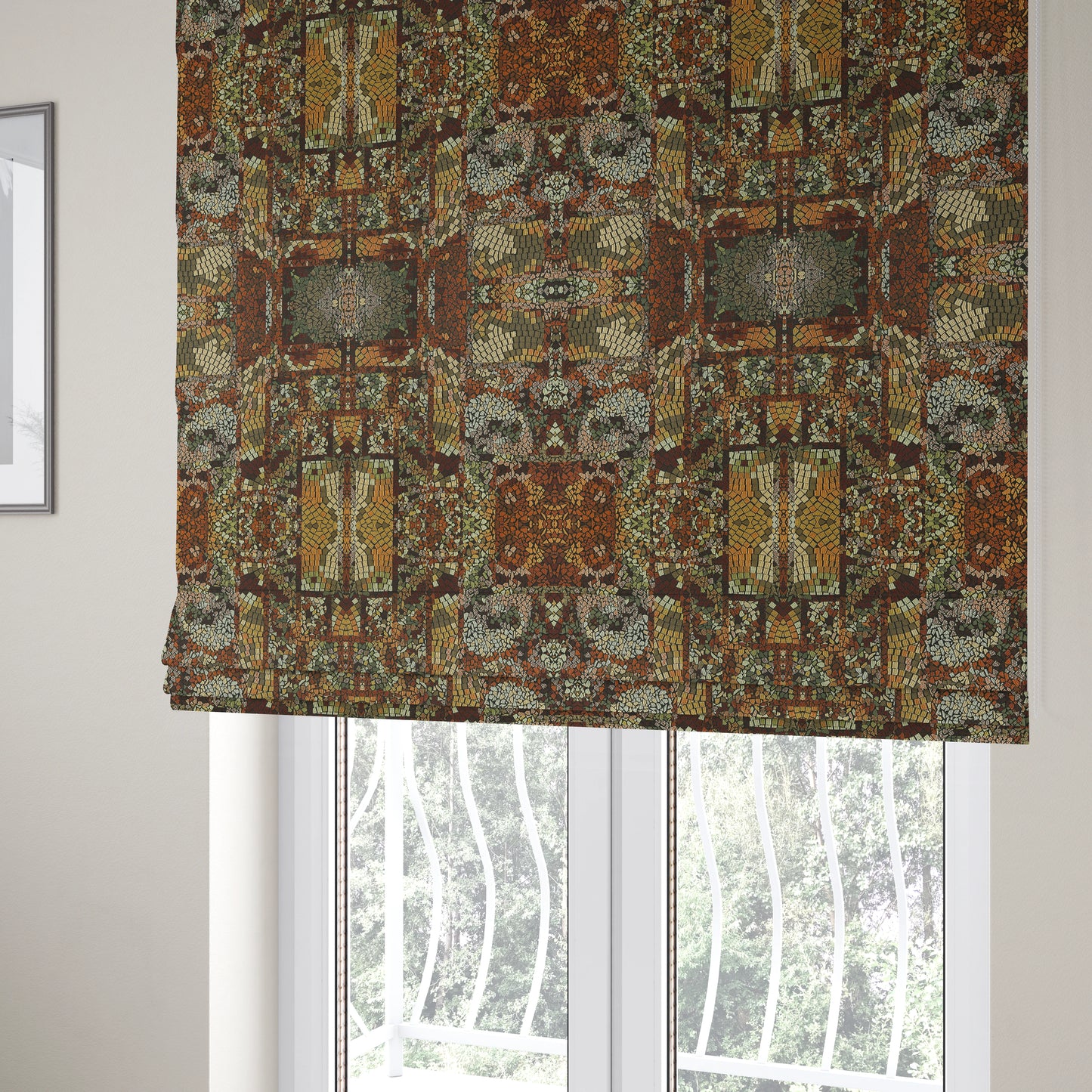 Pasha Stained Mosaic Pattern Multicolour Red Yellow Bronze Chenille Upholstery Furnishing Fabric CTR-1062 - Roman Blinds