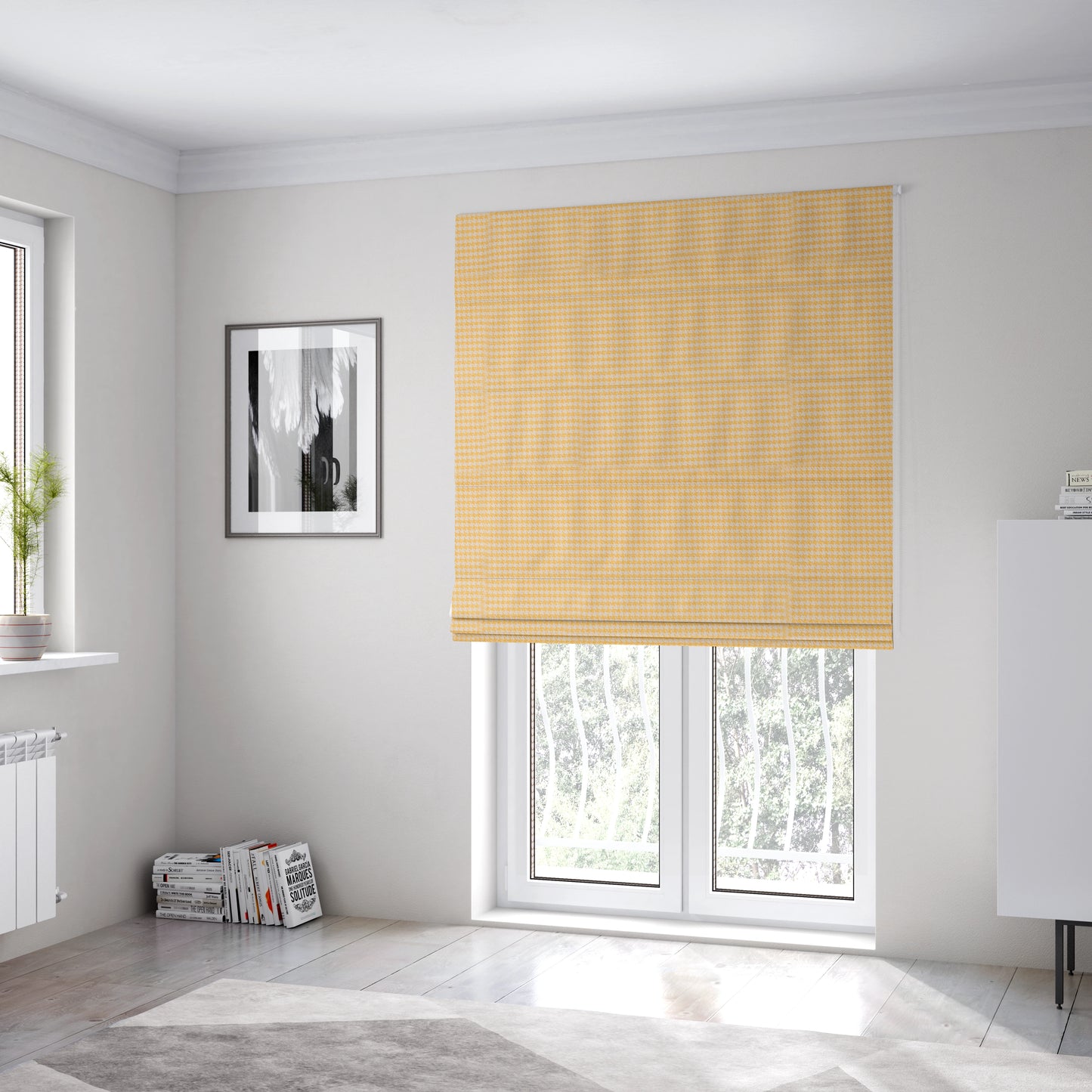 Bainbridge Woven Hounds Dogs Tooth Pattern In Yellow White Colour Upholstery Fabric CTR-11 - Roman Blinds