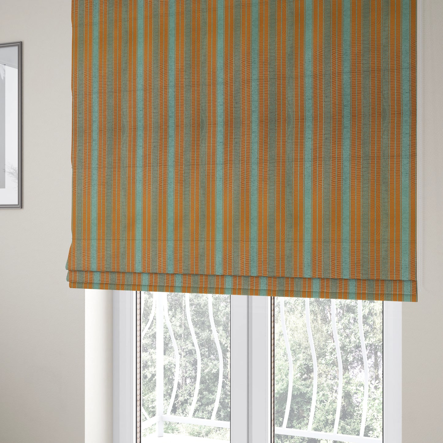 Bangalore Striped Pattern Chenille Material In Blue Teal Orange Colour Upholstery Fabric CTR-1114 - Roman Blinds