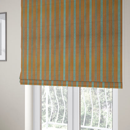 Bangalore Striped Pattern Chenille Material In Blue Teal Orange Colour Upholstery Fabric CTR-1114 - Roman Blinds