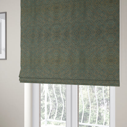 Manali Geometric Pattern Chenille Material In Blue Teal Orange Colour Upholstery Fabric CTR-1115 - Roman Blinds