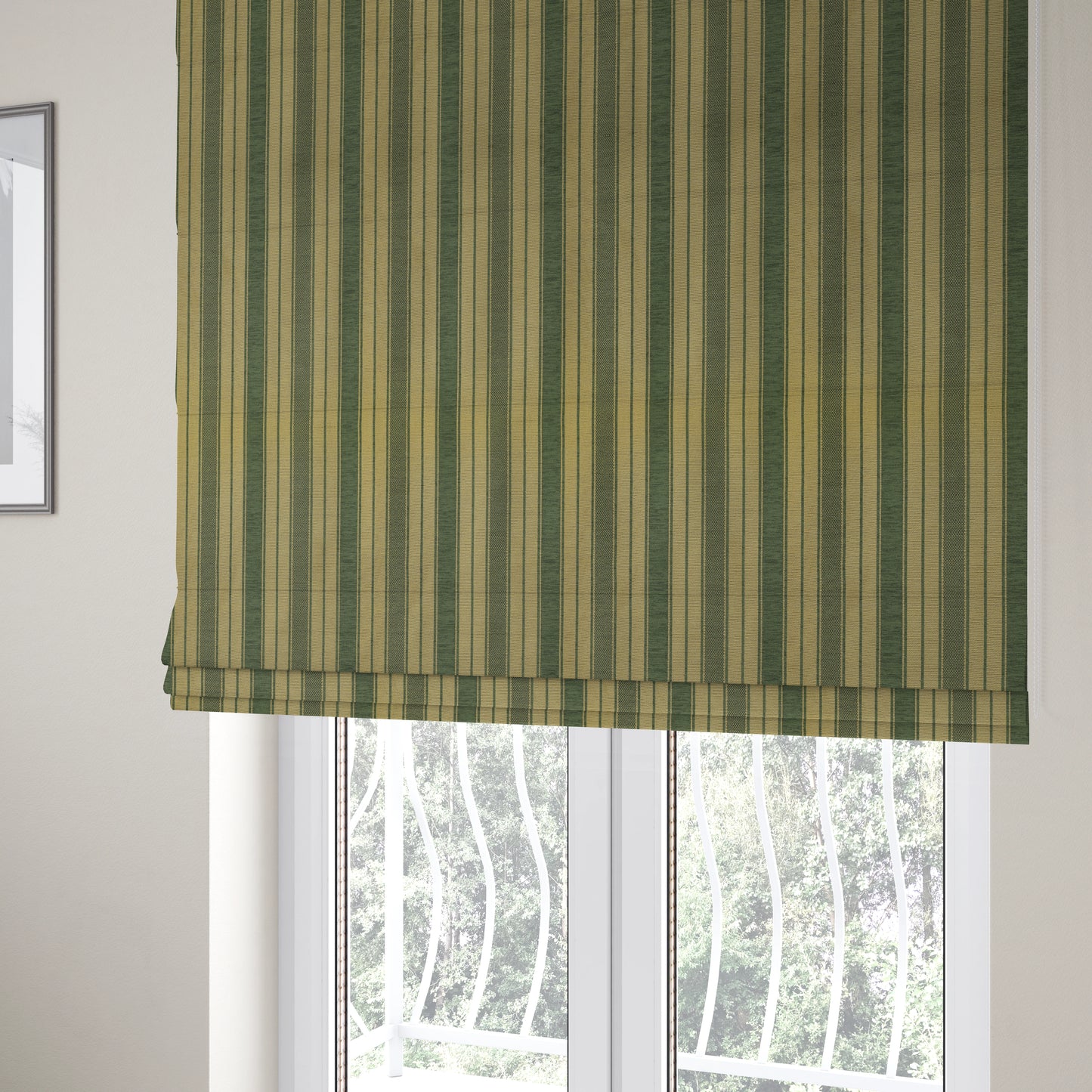 Bangalore Striped Pattern Chenille Material In Green Gold Colour Upholstery Fabric CTR-1123 - Roman Blinds