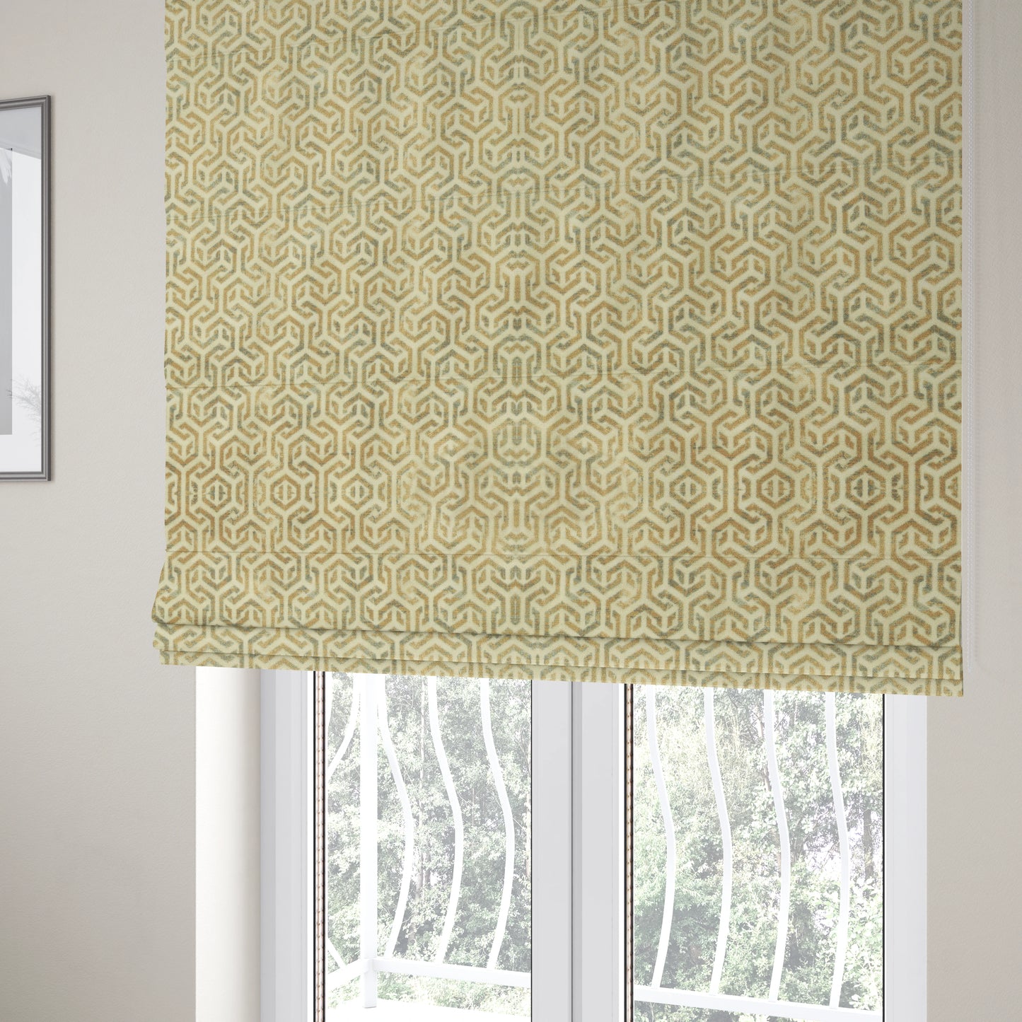 Java Printed Velvet Fabric Geometric Greek Key Inspired Pattern In Beige Colour Upholstery Fabric CTR-1133 - Roman Blinds